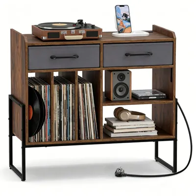 Produktbild von KOMFOTTEU Plattenspielerständer, Plattenspielertisch mit Ladestation, USB & Typ-C-Anschluss, Vinyl-Schallplattenschrank mit 2 faltbaren Stoffschubladen, 3 Fächern & verstellbare Regalen, für Wohnzimmer, Braun