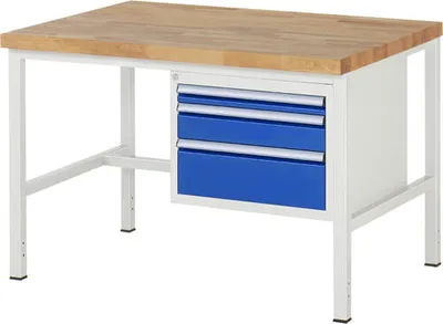 Produktbild von Werkbank mit 3 Schubladen - Vollauszug - 60:1 / 120:1 / 180:1 - 840 x 1.250 x 900 mm (HxBxT) - Traglast 1.250 kg - Buche
