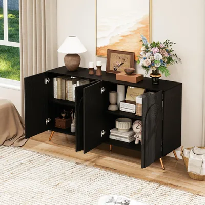 Produktbild von STILVORA Sideboard Schwarz mit 3D-Rillen und Bogentüren, Flurschrank mit verstellbaren Einlegeböden, Aufbewahrungsschrank mit goldfarbenen Metallfüßen