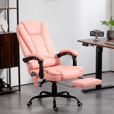 Zdjęcie produktu dla Fotel biurowy Vinsetto z funkcją masażu, ergonomiczny fotel biurowy z funkcją odchylania, obrotowy fotel biurowy z regulacją wysokości i pilotem, kieszeń boczna, sztuczna skóra, różowy