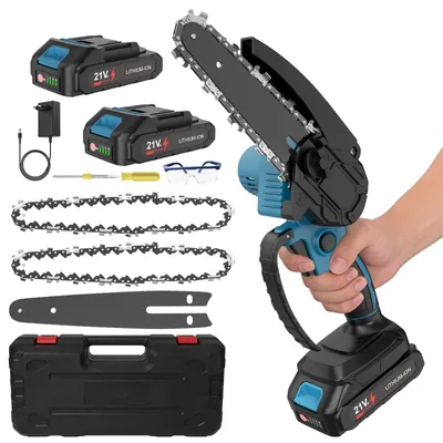 Image de Mini tronçonneuse - Tronçonneuse sans fil de 550 W - Lame de 15 cm - 2 batteries - Lubrification automatique de la chaîne - Tronçonneuse portable à une main