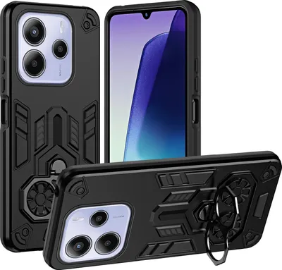 Produktbild von Hülle für Xiaomi Redmi Note 14 5G/4G Dual Layer PC TPU Militärqualität Stoßfest Rüstung Handyhülle mit Ring Metall Ständer Schwarz