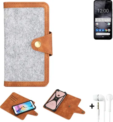 Produktbild von K-S-Trade Handyhülle + Kopfhörer kompatibel mit Gigaset GS190 Schutzhülle Filz Hülle Kunstleder hellgrau braun (1x)