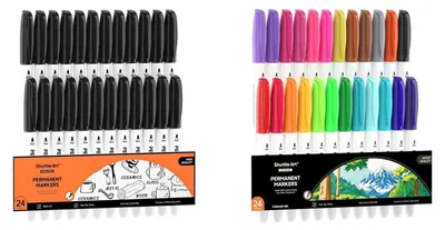 Produktbild von Permanent Marker Set 48 Stück | 24 Schwarz + 24 Bunt | Feine Spitze | Wasserfest | Für Kunststoff, Stein, Glas