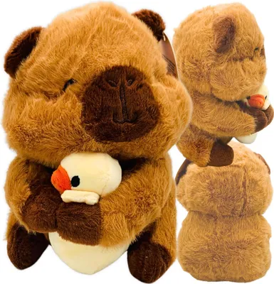 A plush toy of a capybara holding a duckling, presented from multiple angles.