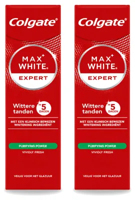 Imagen del producto de 2 tubos de pasta dental Colgate Max White Expert Purifying Power, blanqueadora, de 75 ml. Paquete económico. 2 unidades