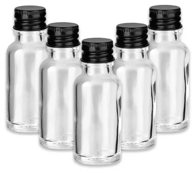 Produktbild von 5x Klare Glasflasche 20 ml mit schwarzem Aluminium Schraubverschluss
