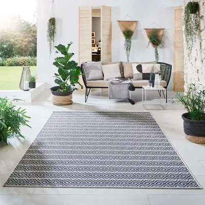 Produktbild von Steffensmeier Indoor Outdoor Teppich Öland Balkon Terrasse Küche Garten wasserfest Kunststoff, strapazierfähig , Streifen Beige Blau, 200x290 cm