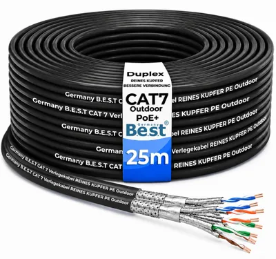 Produktbild von B.E.S.T. CAT 7 Outdoor Netzwerkkabel 25 m Duplex S/FTP 10 Gbit/s 1000 MHz Kupfer LSZH Schwarz