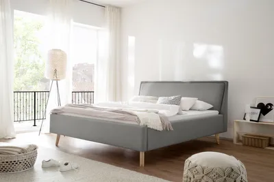Produktbild von Meise Möbel Polsterbett Frieda 140x200 cm | Bettgestell | Kopfteil glatt | Webstoff Hellgrau | Holzfuß eichefarbig
