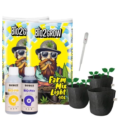 Obrázek produktu pro Sada rostlin s 40 l zeminy a 3 látkovými květináči (7,5 l) – včetně BioBizz UP & Down (250 ml)