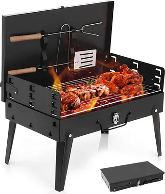 Produktbild von Klappbarer Holzkohlegrill - Tragbarer Tischgrill - Mit Deckel - Campinggrill - Für Garten, Picknick und Party