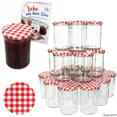 Produktbild von 48er Set Marmeladenglas 435ml Einmachglas TO82 Deckel rot kariert Heft