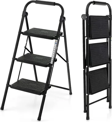 A black folding step stool is shown in two views: one open and one folded.