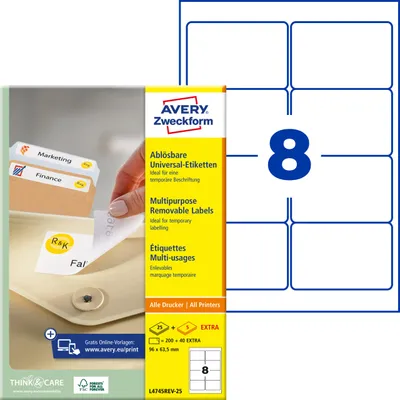 Produktbild von Avery Zweckform L4745REV-25, Universal-Etiketten, ablösbar, A4, 96 x 63,5 mm, 240 Etiketten / 30 Bögen, weiß
