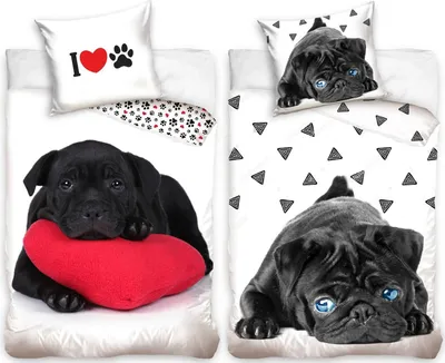 Two dog-themed duvet cover sets are displayed side-by-side on white beds.