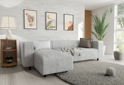 Produktbild von S-STYLE MÖBEL - Malin - Modernes Ecksofa mit Ottomane aus Hellgrau Cord-Stoff mit bequemem Sitz - Ottomane links