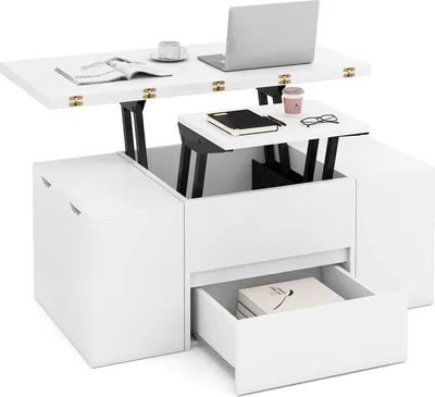 A white lift-top coffee table with storage compartments and a drawer, shown with its top extended and a laptop, book, and cup on it.