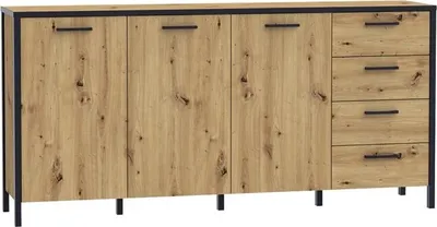 Produktbild von Furniture24 Sideboard 184 cm KIRIKUS KUSK243 Kommode 3 Türiger mit 4 Schubladen Artisan Eiche/Schwarz