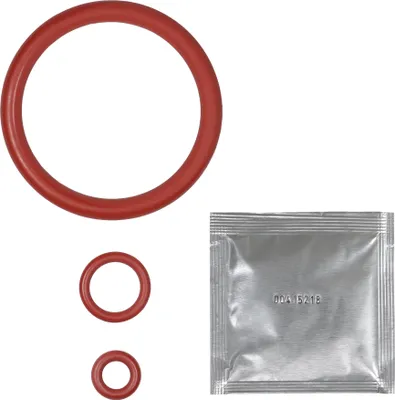 A set of red O-rings and a silver packet are shown against a white background.