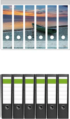 Produktbild von Wallario 6 Stück breite Ordner inkl. Klebeetiketten mit Motive Einsames Fischerboot mit Anker am Strand -  Set mit Rückenschildern / Ordnerrücken Stickern
