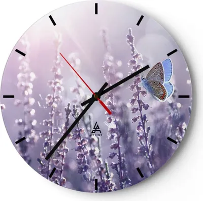Produktbild von Wanduhr - Rund - Glasuhr - Schmetterling Wiese Blume - 30x30cm - Schleichendes Uhrwerk - Lautlos - zum Aufhängen bereit - Dekoration Modern - Wanddekoration aus Glas - C3AR30x30-4014