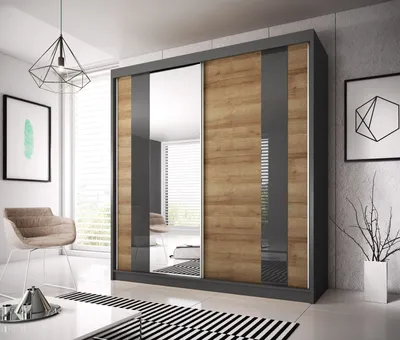 Produktbild von Schwebetürenschrank Kleiderschrank Schrank 203cm Graphit Riviera Gold mit Spiegel und Graphit Lacobel Glas Multi 39