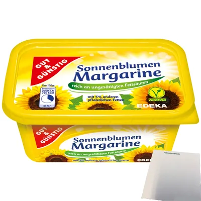 Produktbild von Gut & Günstig Sonnenblumenmargarine reich an ungesättigten Fettsäuren (500g Packung) + usy Block