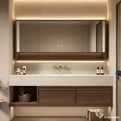 Immagine prodotto di Set di mobili da bagno con lavabo in pietra sinterizzata, mobile sottolavabo sospeso e pensile a specchio, moderno lavabo per il bagno, dimensioni 120x55 cm [RW016-120JG BKK]