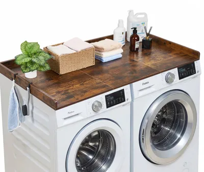 Zdjęcie produktu dla Blat VEVOR pod pralkę i suszarkę (137 x 69,9 cm) z podwyższonymi krawędziami i haczykami, do organizacji i przechowywania w szafie na pranie, spiżarni lub na blacie kuchennym, nośność 113 kg, kolor brązowy