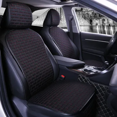 Image de Housse de siège auto quatre saisons Design universel Tissu de lin Coussin de protection respirant à l'avant et à l'arrière Ceinture noire et rouge_ Ensemble cinq pièces