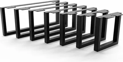 A set of black metal table legs arranged in a row on a white background.