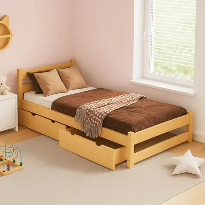 Produktbild von MEBLE WRÓBEL Kinderbett 80x160 cm mit 2 Schubladen und Lattenrost - Einzelbett aus Kiefer Massivholz - Kinder Bett Montessori – Jugendbett Unlackiert - ohne Matratze