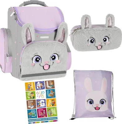 Produktbild von Schulranzen für Madchen, 4er-Set - Schul-Rucksack für Kinder mit Federmäppchen - Schuhbeutel und Hausaufgabenheft - Kaninchen Motiv