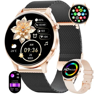 Zdjęcie produktu dla Inteligentny zegarek damski, okrągły, HD, bardzo cienki, Bluetooth, możliwość odbierania połączeń, ponad 110 trybów sportowych, monitorowanie tętna i snu, kompatybilny z iOS i Android, kolor: czarny