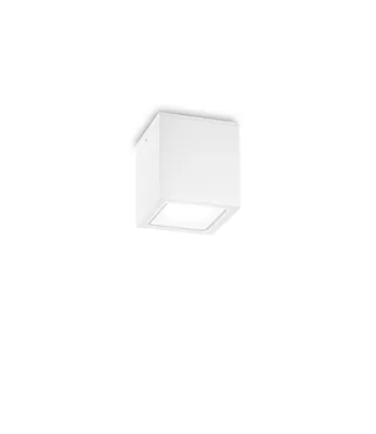 A white cube-shaped ceiling light with a lit square panel on the bottom.