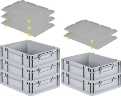 Produktbild von SparSet 5x Eurobox NextGen Grip mit Auflagedeckel inkl. 4 gelben Schiebeschnappverschlüssen | HxBxT 12x30x40cm | 11 Liter | Grau | Griffe geschlossen | Glatter Boden | Eurobehälter, Transportbox, Transportbehälter, Stapelbehälter