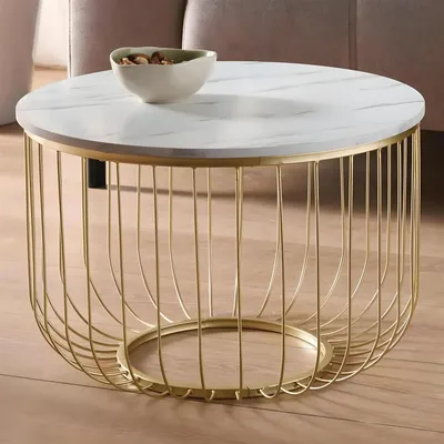 Produktbild von Beistelltisch "Gold" aus Metall, Tischplatte MDF in Marmor-Optik, Ø 55 x 37 cm, Sofatisch, Couchtisch rund