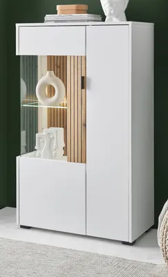 Produktbild von Vitrine "Merced" Hochkommode in weiß mit Eiche 75 x 125 cm Soft-Close, mit Staboptik