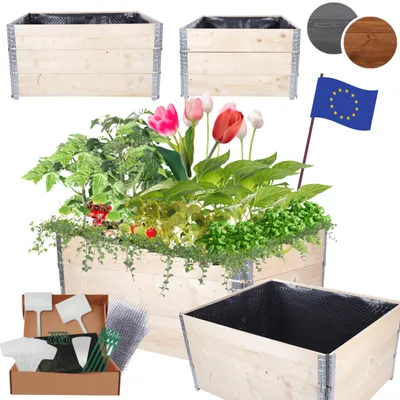 Produktbild von MODO24 Hochbeet Holz, Noppenfolie, Pflanzrahmen, Kräuterbeet, Gemüsebeet, Massivholz Kiefer, 60x120x100 cm, Natur Imprägniert, ZP10