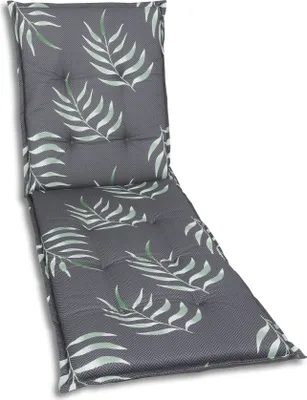 A gray chaise lounge cushion with a green leaf pattern, shown from a diagonal angle against a white background.