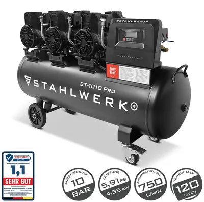 Produktbild von STAHLWERK Kompressor mit 120 L Tank (ST-1010 Pro) – ölfrei, 10 bar, Silent-Druckluftkompressor mit Brushless-Motoren, 5,91 PS, 4,35 kW, 750 l/min