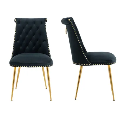 Produktbild von Esszimmerstuhl Set aus 2 klassischen Samt-Dining-Stühlen, hohe Rückenlehne, ergonomische Unterstützung, Retro-Design mit goldenen Nieten, Shwarz