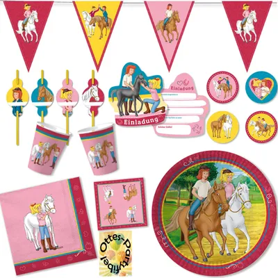 Produktbild von Bibi Und Tina Party-Set 65tlg. für 6 Kinder : Teller Becher Servietten Einladung Wimpelkette Trinkhalme Muffinaufleger