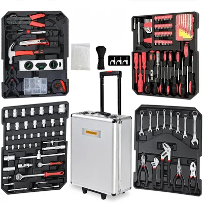 Produktbild von MONZANA® 1050 tlg. Werkzeugtrolley CrV-Stahl Werkzeugkoffer Aluminiumkoffer mit Rollen Teleskopgriff Abschließbar Qualitätswerkzeug Werkzeugset Silber