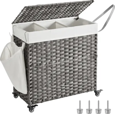 Immagine prodotto di SONGMICS Cesto portabiancheria, 140 L, con coperchio, 3 scomparti, sacco portabiancheria rimovibile