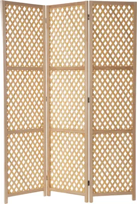 A three-panel wooden room divider with a lattice pattern, presented against a white background.