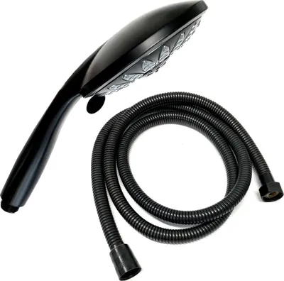 A black hand-held shower head and a black flexible shower hose are displayed against a white background.