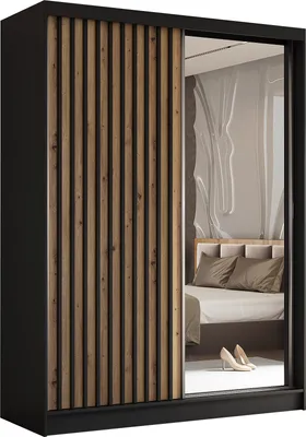Produktbild von Masseno Schiebetürenschrank LAMELLO 160 cm Kleiderschrank Schlafzimmer Schrank 2-türig mit Spiegel und Lamellen Schwarz