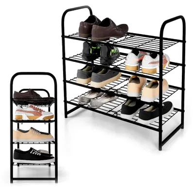 Produktbild von Schuhregal mit 4 Ebenen, Schuhschrank, Schuhaufbewahrung, Schuh-Organizer für 12-15 Paar, Metall, schmal, schwarz